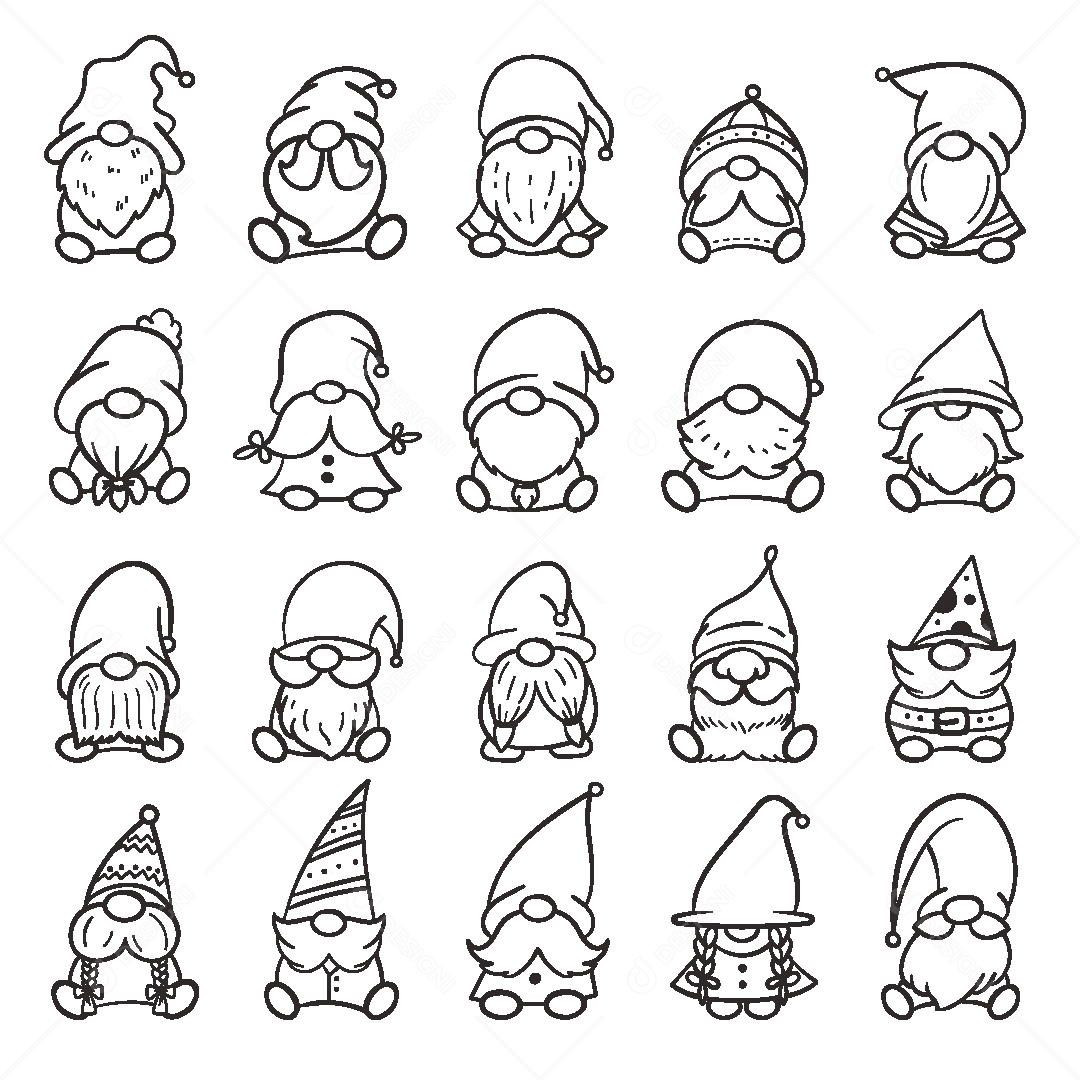 Conjunto de Gnomos de Natal Para Colorir Ilustração Vetor EPS