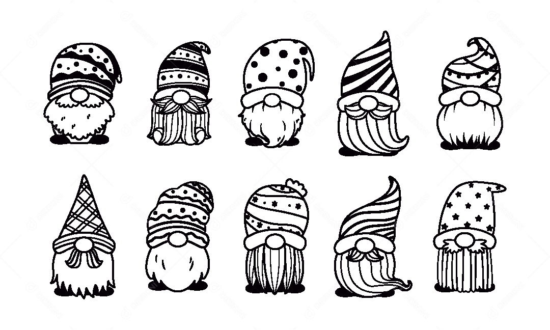 Conjunto de Gnomos de Natal Para Colorir Ilustração Vetor EPS