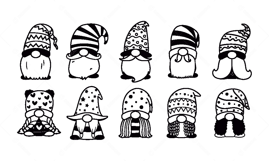 Conjunto de Gnomos de Natal Para Colorir Ilustração Vetor EPS