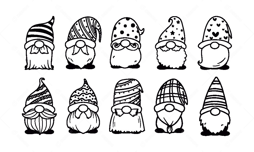 Conjunto de Gnomos de Natal Para Colorir Ilustração Vetor EPS