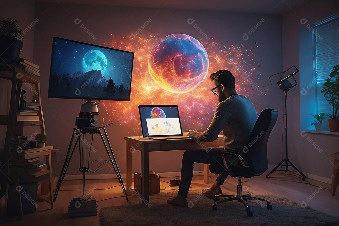 Homem sentado á mesa projetando a imagem do notebook para a parede