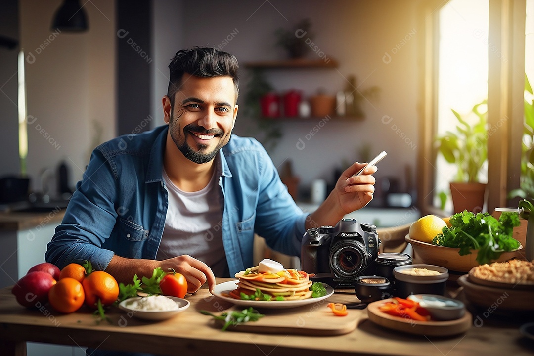 Criador feliz em casa com histórico de conteúdo alimentar