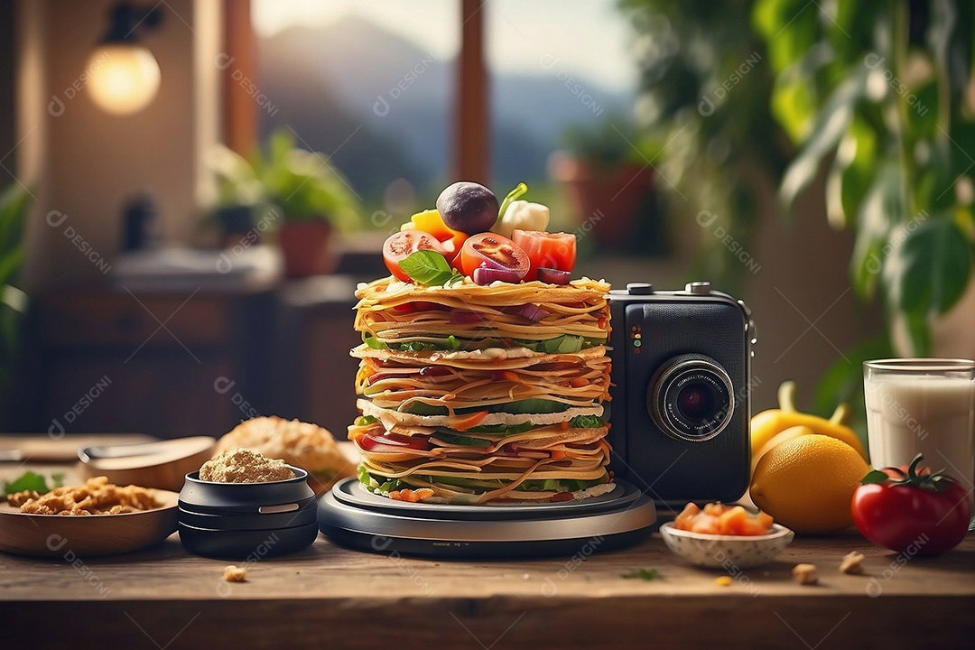 Panquecas ao lado de uma câmera sobre prato em uma mesa de madeira