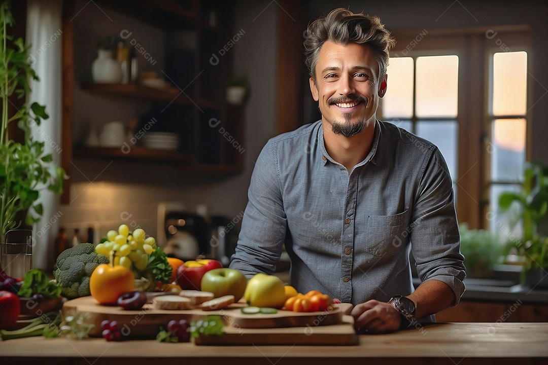Homem feliz em casa com histórico de conteúdo alimentar