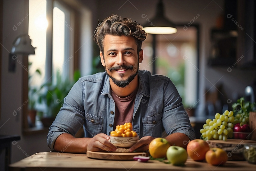 Homem feliz em casa com histórico de conteúdo alimentar