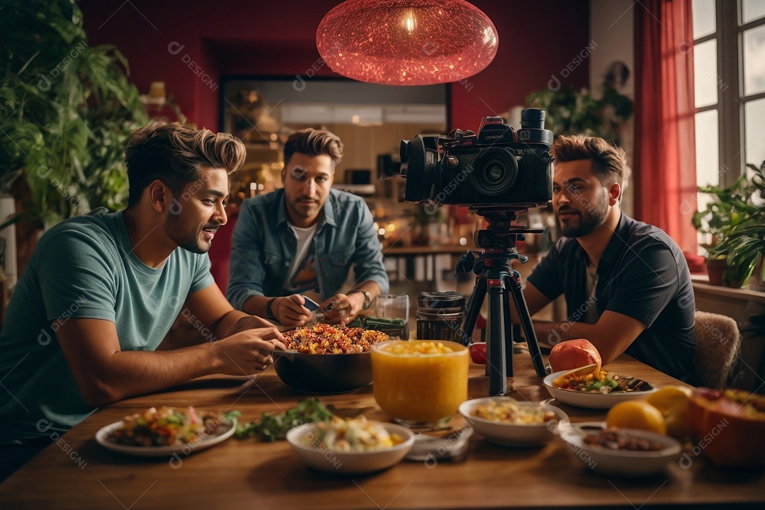 Criador feliz em casa com histórico de conteúdo alimentar