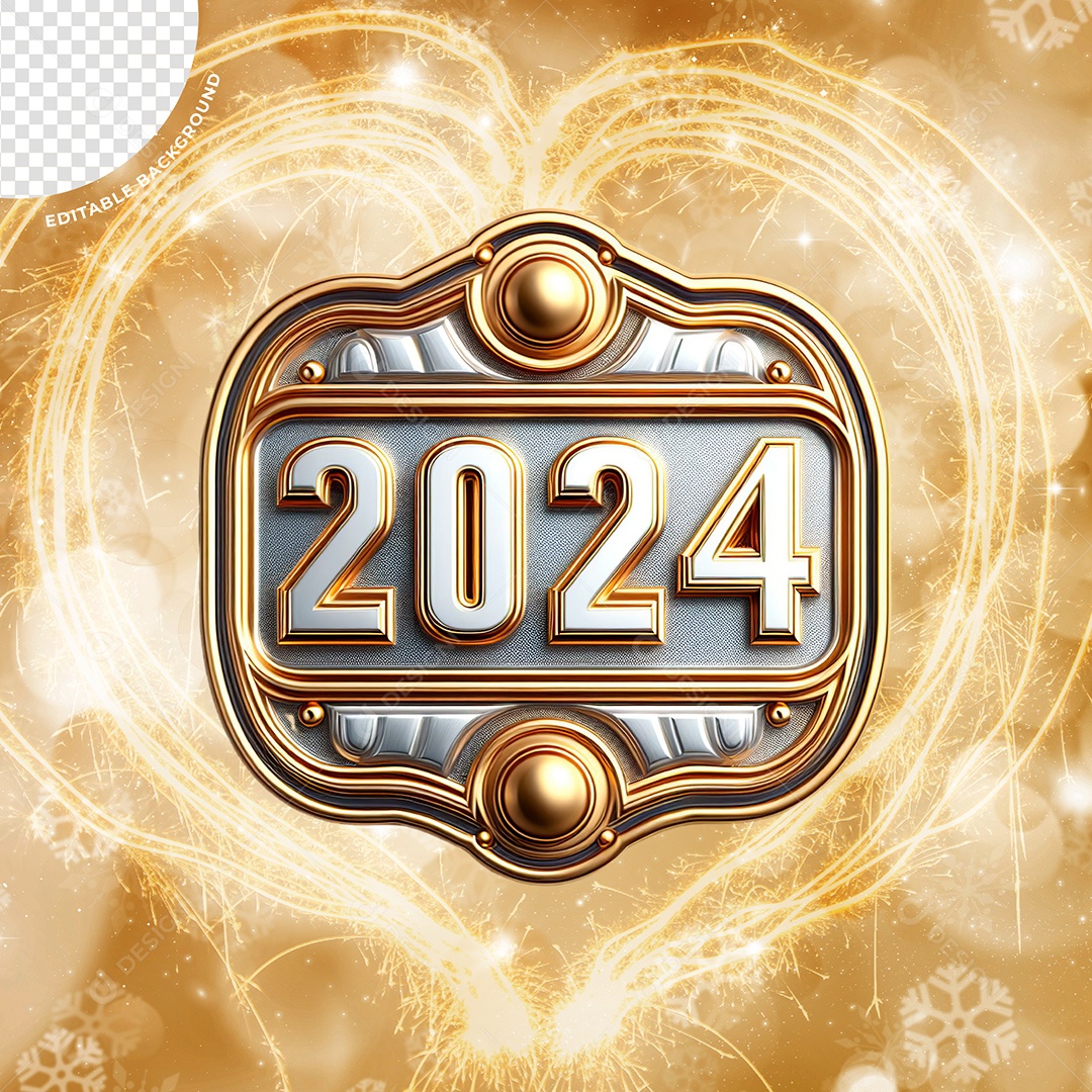 Placa 2024 Elemento 3D Prata Dourado para Composição PSD