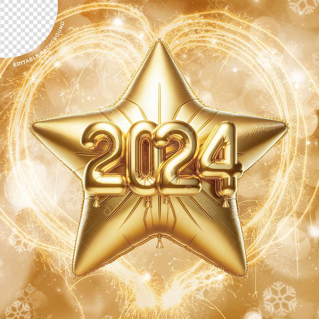 Estrela Balão 2024 Elemento 3D Dourado para Composição PSD