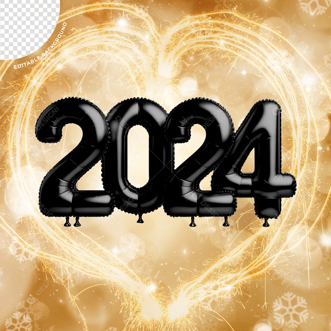 Balão 2024 Elemento 3D Preto para Composição PSD