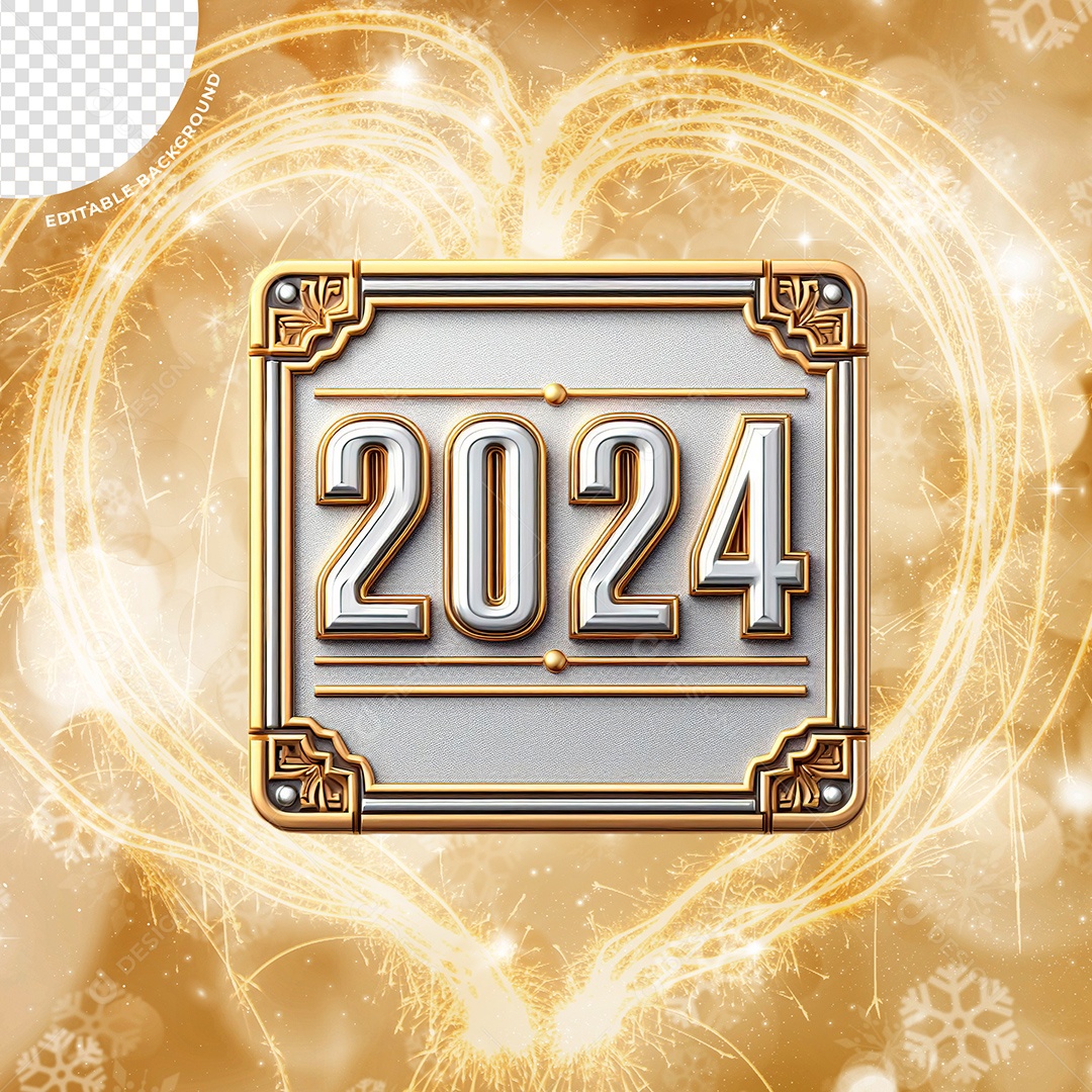 Placa 2024 Elemento 3D Prata Dourado para Composição PSD