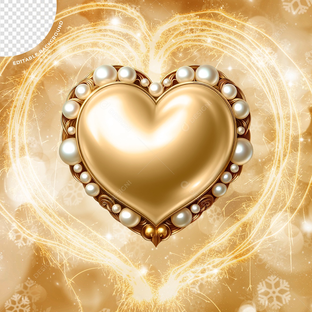 Coração Dourado Branco Elemento 3D para Composição PSD