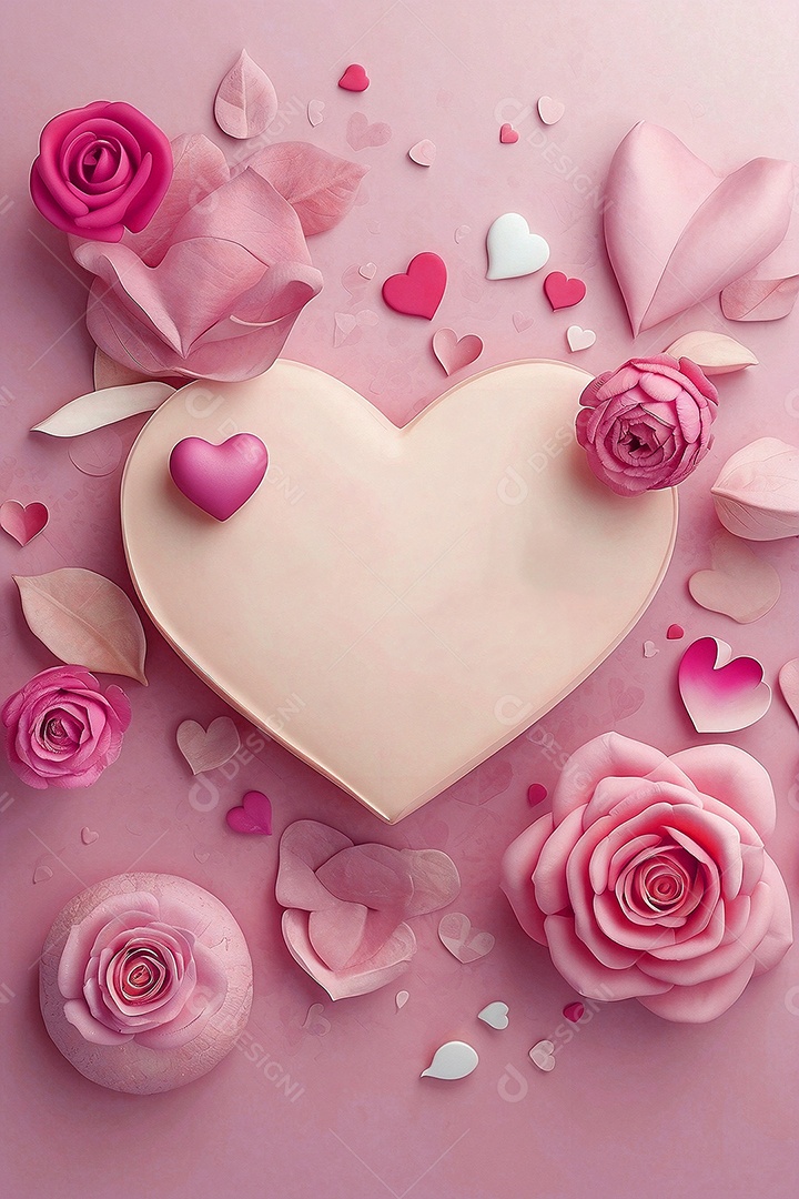 Desenhos de corações e rosas sobre um fundo rosa