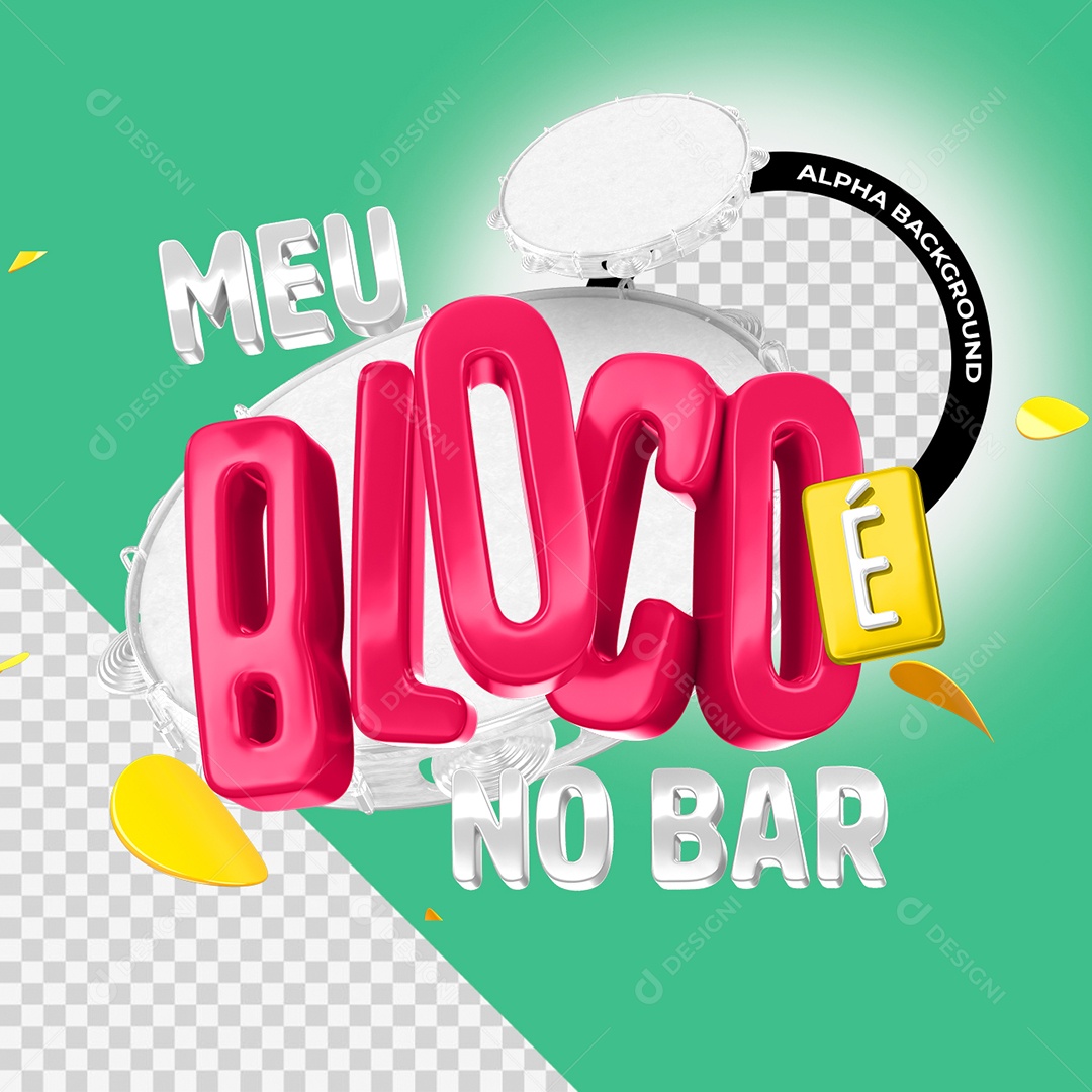 Meu Bloco É No Bar Selo 3D Prata Vermelho e Amarelo para Composição PSD