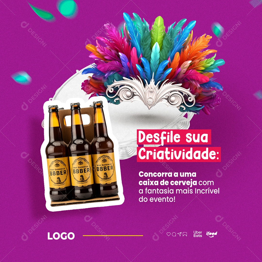 Carnaval Distribuidora de Bebidas Desfile sua Criatividade Concorra a uma caixa de cerveja Social Media PSD Editável