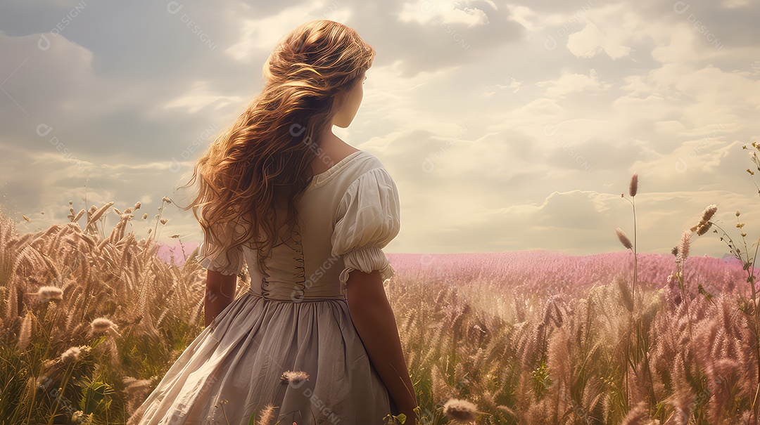 Linda garota em um campo de trigo ao pôr do sol