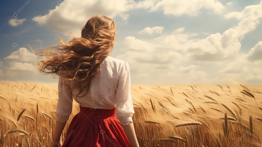 Linda garota em um campo de trigo ao pôr do sol