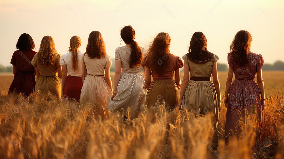 Lindas garotas em um campo de trigo ao pôr do sol