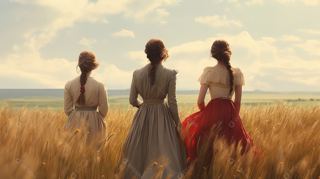 Três lindas garotas em um campo de trigo ao pôr do sol