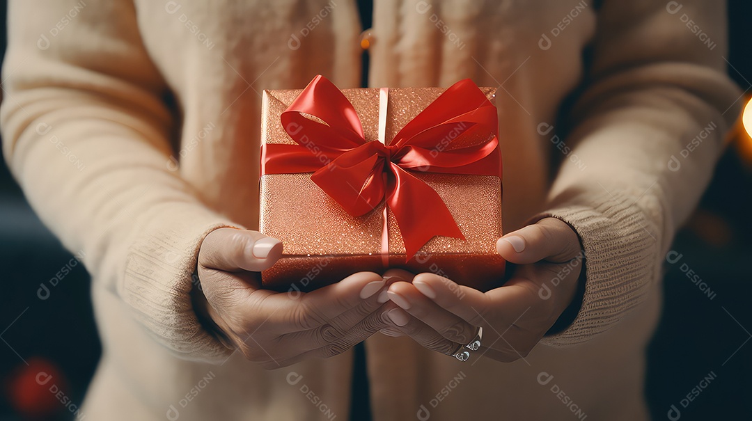 Mãos femininas segurando uma caixa de presente rosa e um buquê de tulipas