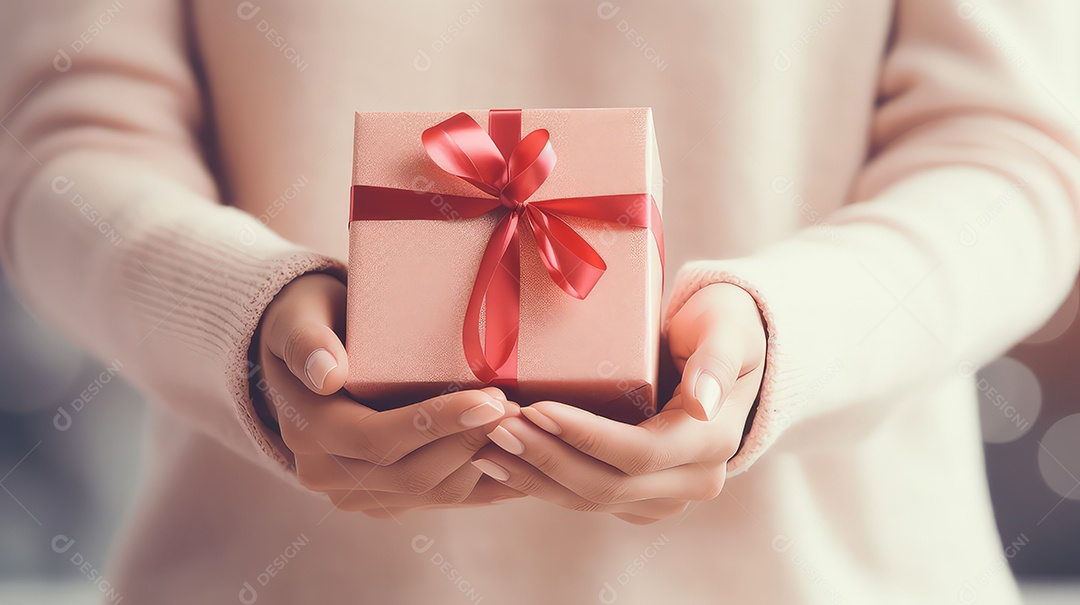 Mãos de mulher segurando uma caixa de presente com fita vermelha