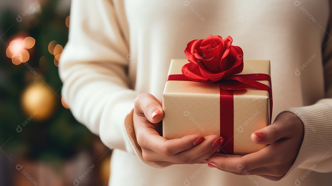 Mãos de mulher segurando uma caixa de presente com fita vermelha
