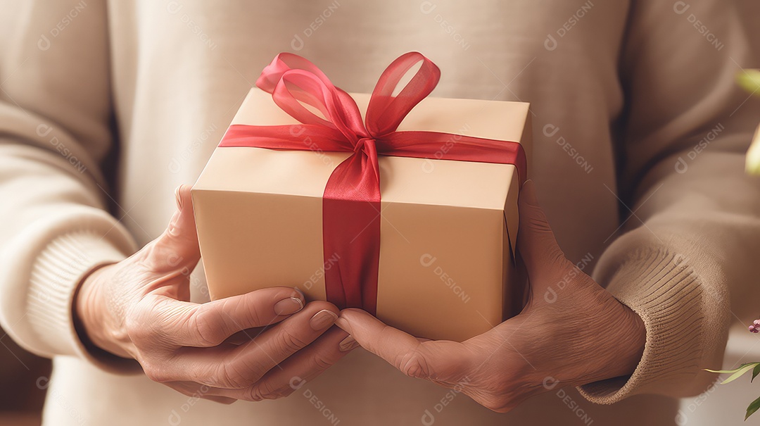 Mãos de mulher segurando uma caixa de presente com fita vermelha