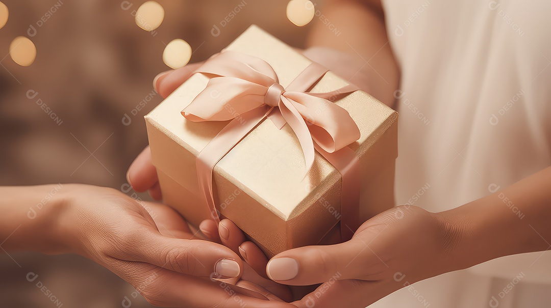 Mãos humanas segurando uma caixa de presente em fundo bokeh