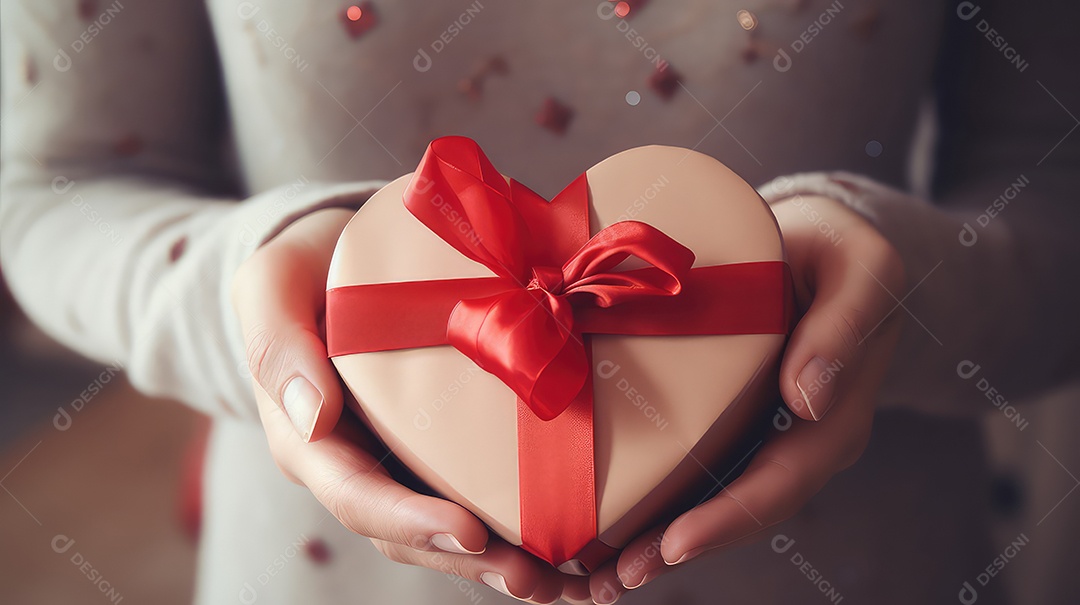 Mãos feminina segurando uma caixa de presente em forma de coração com fita vermelha