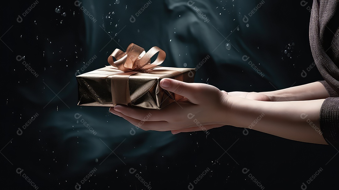 Mãos humanas segurando uma caixa de presente em fundo bokeh