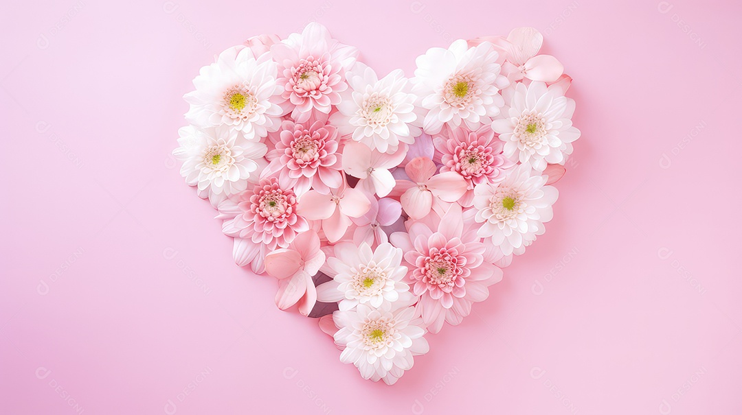 Formato de coração feito de flores rosas e brancas sobre um fundo rosa.