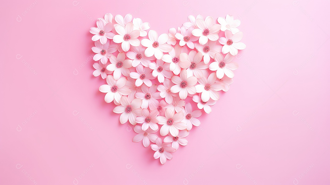 Formato de coração feito de flores rosas e brancas sobre um fundo rosa