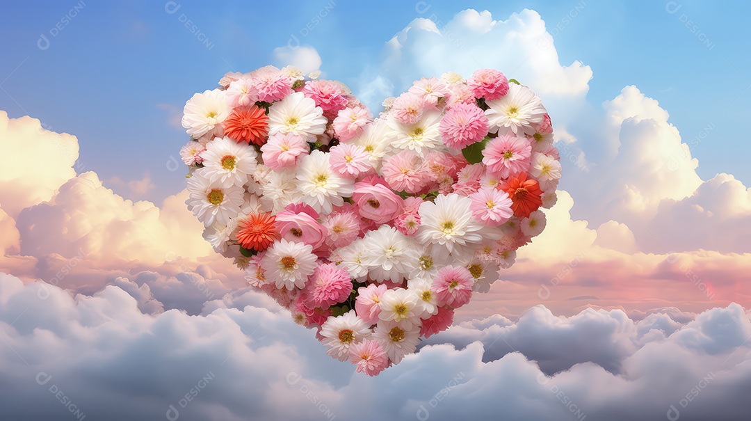 Coração de flores contra o céu azul com nuvens brancas