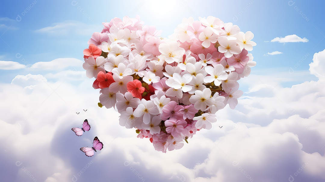 Coração de flores contra o céu azul com nuvens brancas