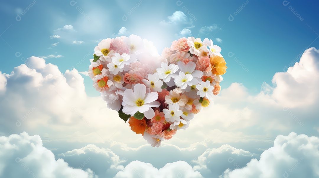 Coração de flores contra o céu azul com nuvens brancas