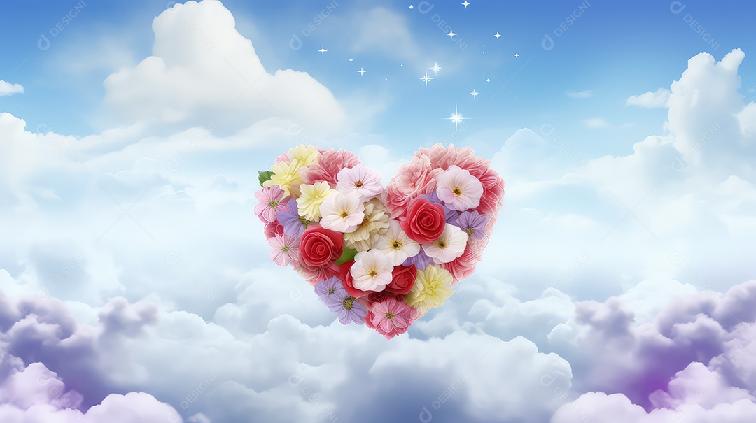 Coração de flores contra o céu azul com nuvens brancas