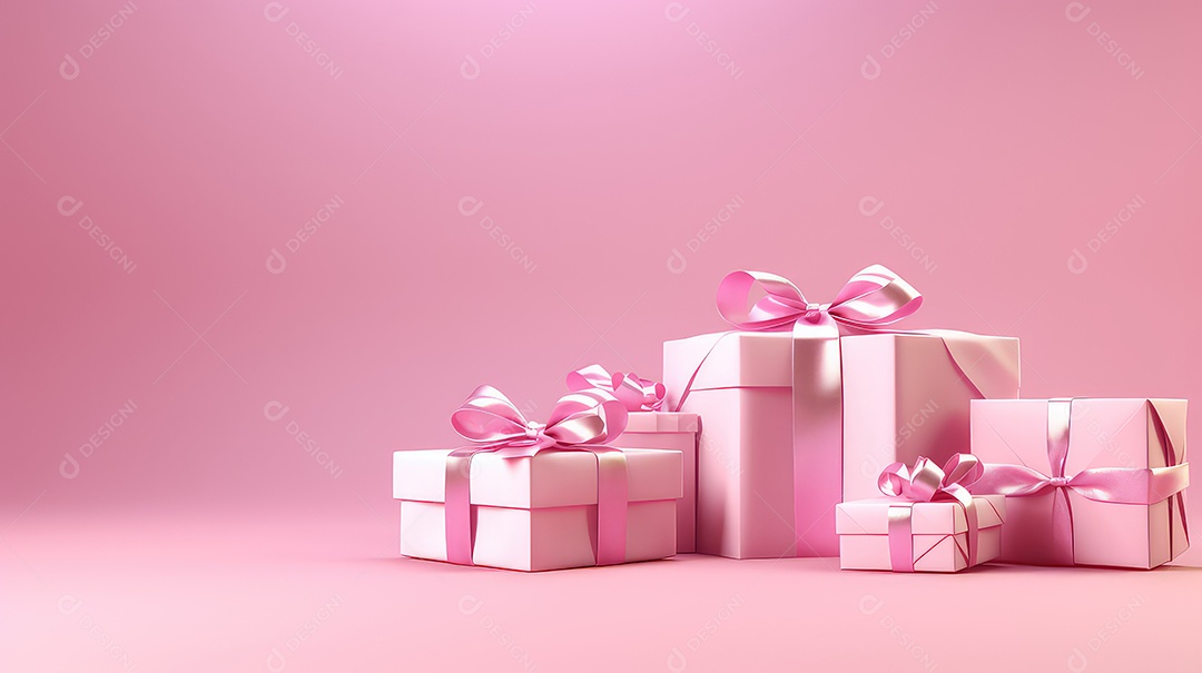 Caixas de presente rosa com laços em fundo rosa
