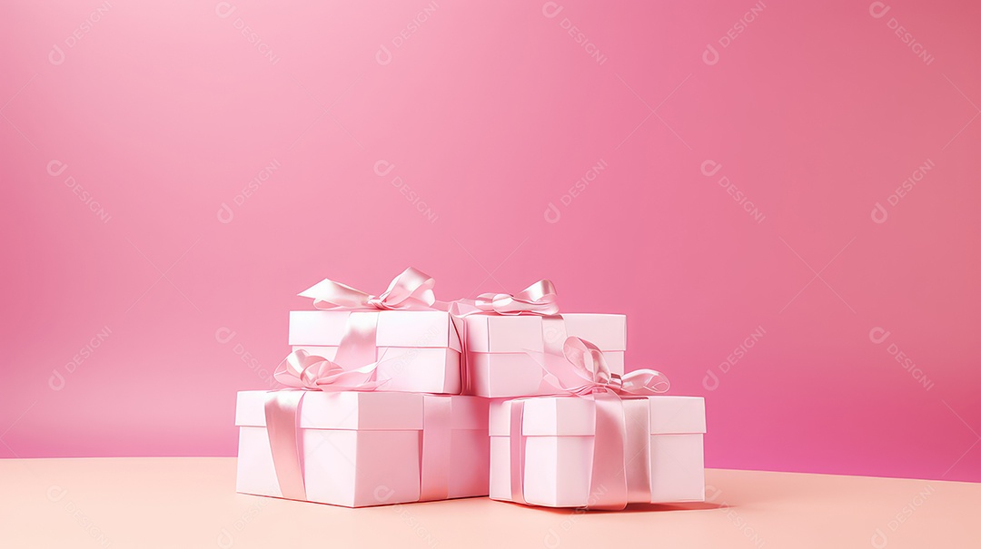 Caixas de presente rosa com laços em fundo rosa