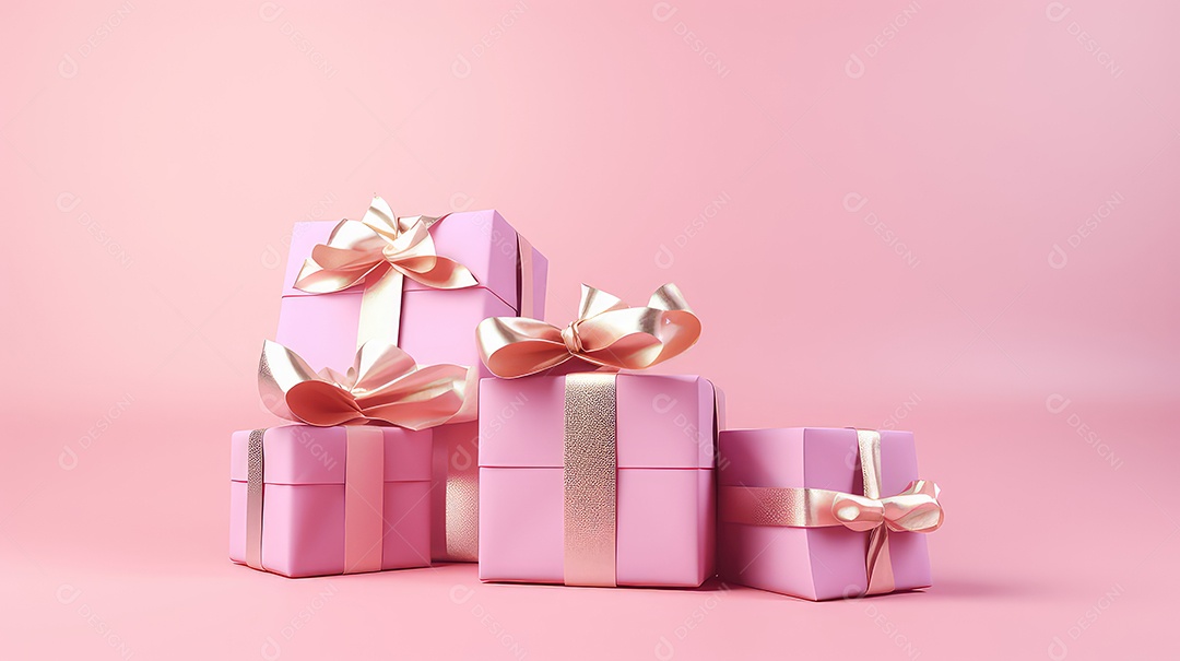 Caixas de presente e balões em fundo rosa