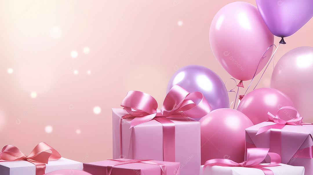 Caixas de presente rosa com laços e balões em fundo rosa
