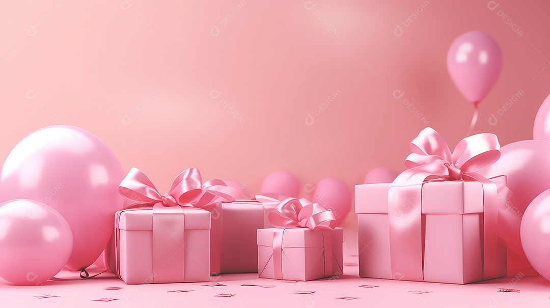 Caixas de presente e balões em fundo rosa