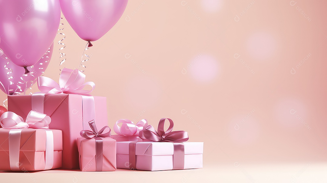 Caixas de presente e balões em fundo rosa