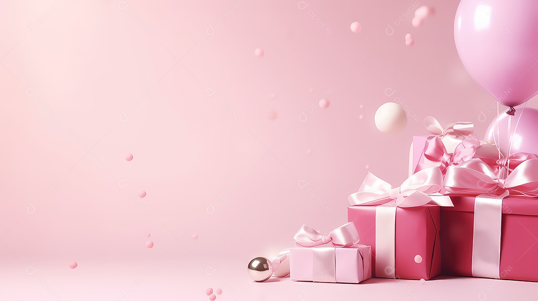Caixas de presente e balões em fundo rosa