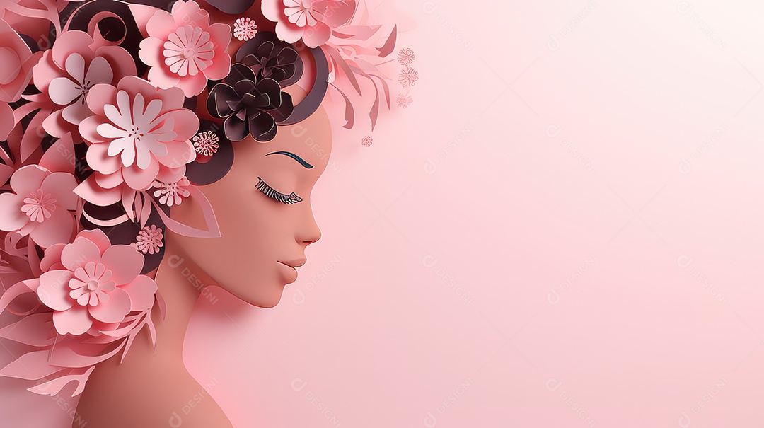 Lindo rosto de mulher com flores sobre fundo rosa