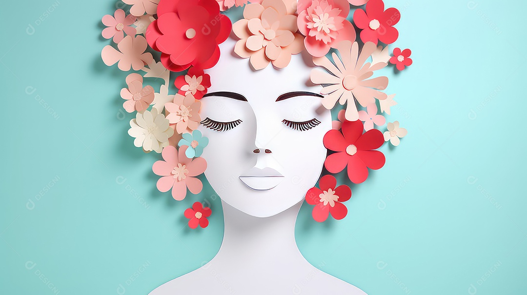 Lindo rosto de mulher com flores sobre fundo azul