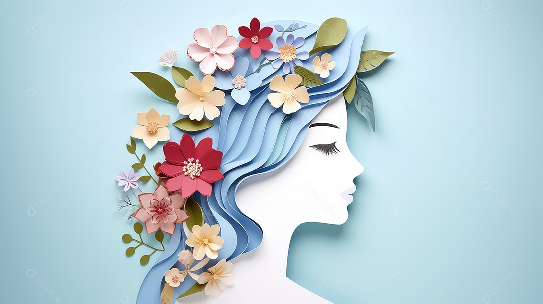 Lindo rosto de mulher com flores sobre fundo azul