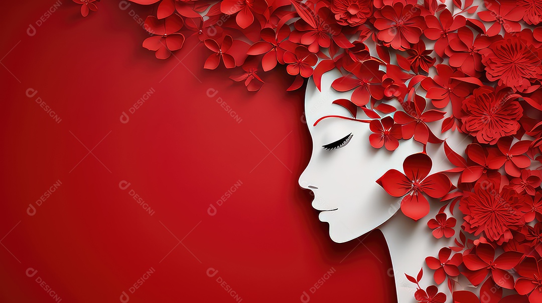 Rosto de mulher bonita com flores em fundo vermelho