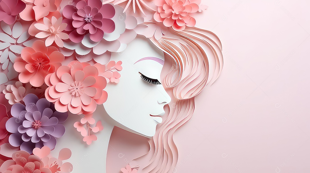 Arte em papel de um lindo rosto de mulher com flores cor de rosa