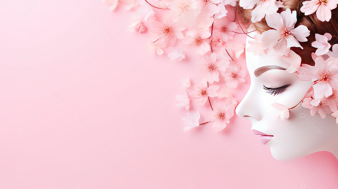 Lindo rosto de mulher com flores sobre fundo azul