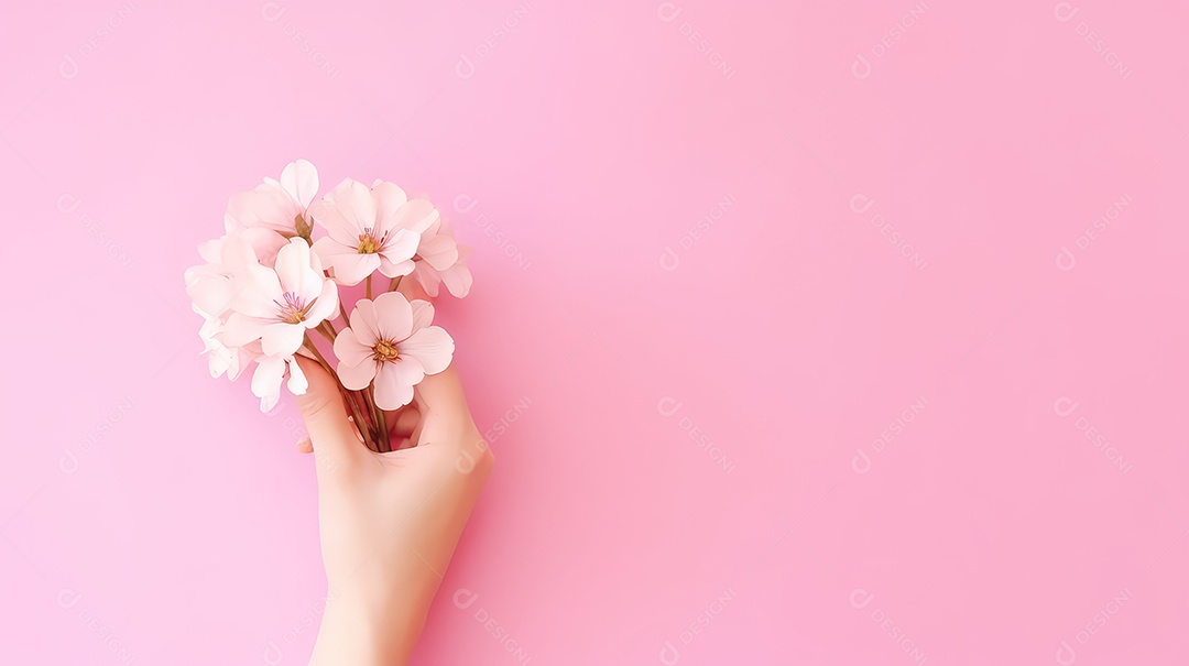 Mão de mulher segurando buquê de flores rosas em fundo bokeh