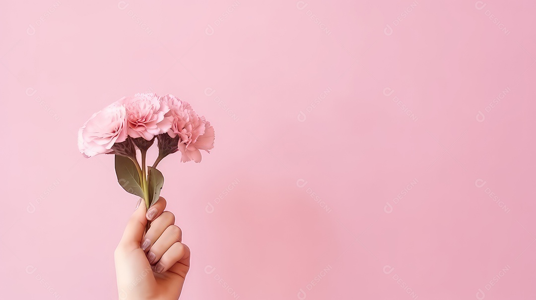Mão de mulher segurando buquê de flores rosas em fundo bokeh